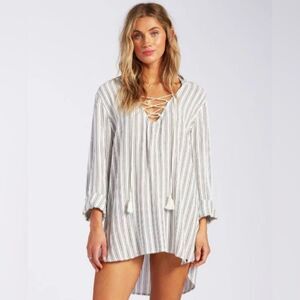 Billabong Same Story Cover-Up Small Ivory/Blue Striped Boho Lace-Up Hooded Tunic